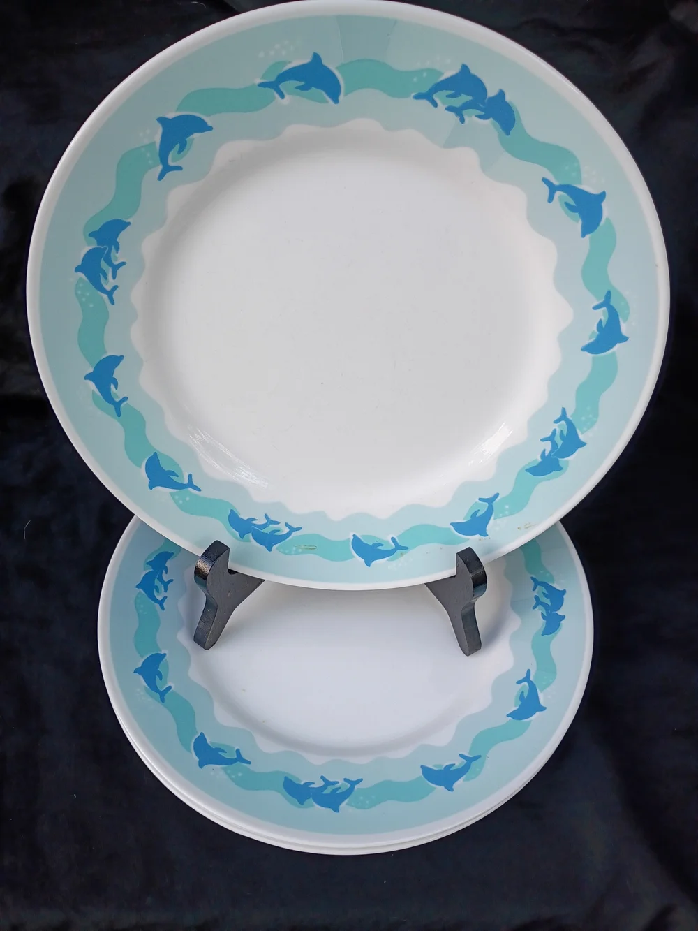 Set of 4 Corelle OCEAN DANCE Dinner Plates Blue Dolphins Ocean Waves 10.75